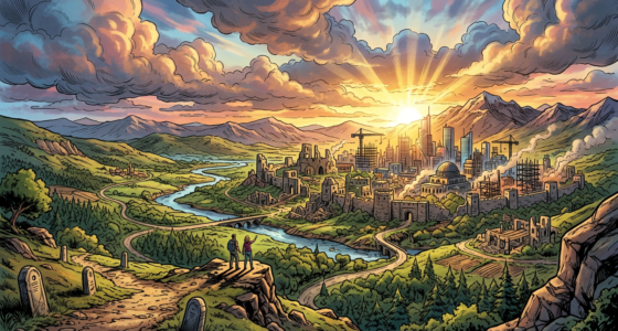 Two travelers overlooking a river valley with ruins, city, mountains, and sunset